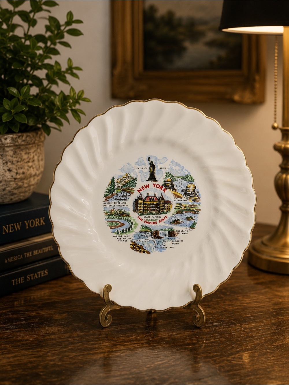 Vintage New York State Souvenir Plate with Gold Trim | 6.25” Empire State Dish